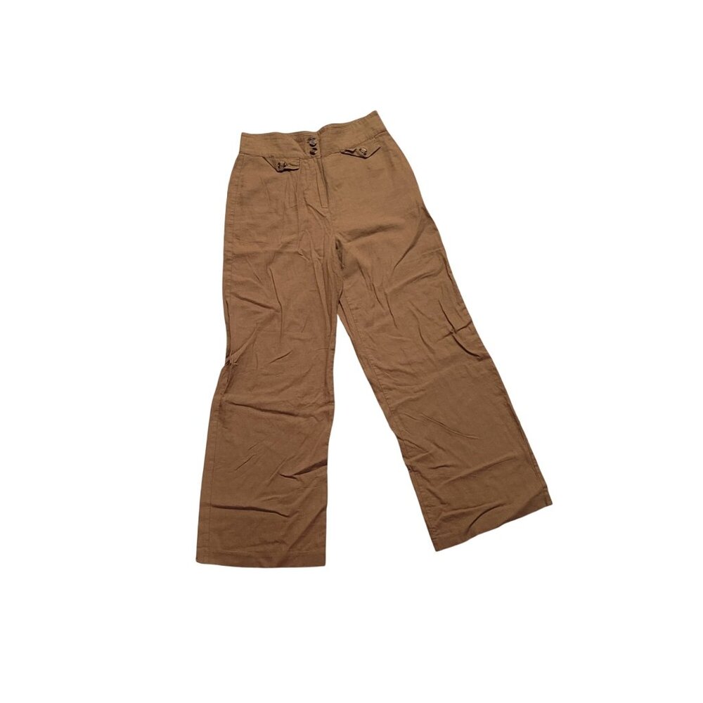 JustFab Womens High-Waisted Wide-Leg Linen-Blend Pants Medium Brown